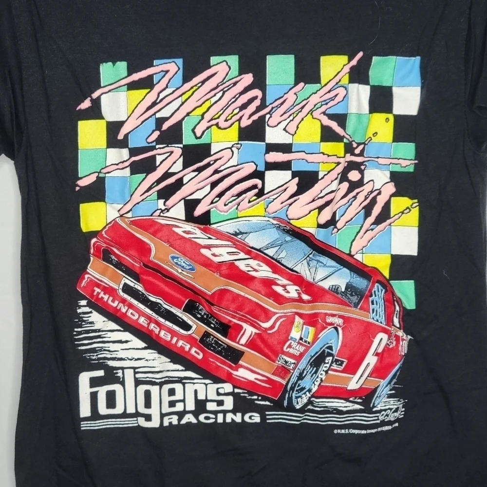 Vintage 80s Mark Martin Folgers Racing Nascar Graphic T-Shirt in Black Size M